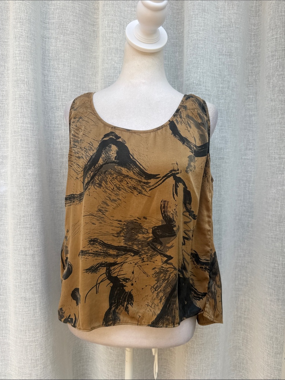 Tandem Italy light brown tan black print sleeveless silk top